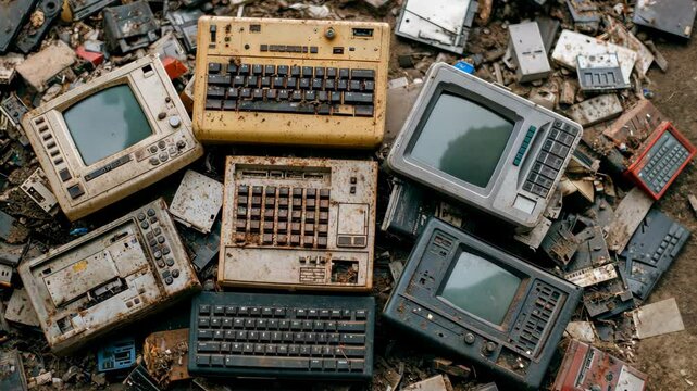 Pile of obsolete computer terminals and keyboards, antiquated technology waste, environmental pollution from discarded electronics, recycling concept