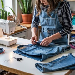 Sewing denim overalls in a bright workshop with plants and sewing machine during the day