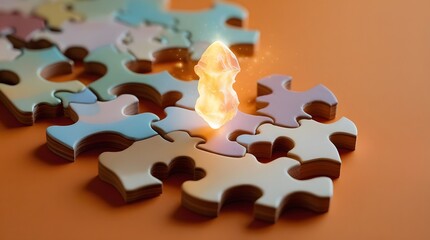 Abstract Symbolism of Glowing Crystal on Puzzle Pieces with Vibrant Orange Backdrop