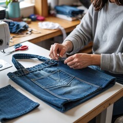 Sewing a denim tote bag in a bright workshop with natural light during the afternoon