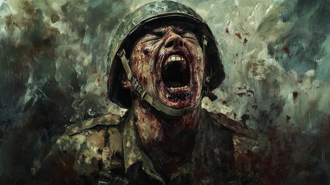 Soldier in helmet screaming with mouth open in battle scene.