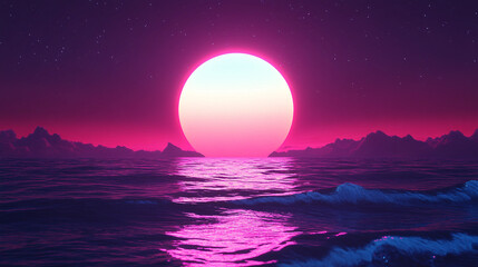 Large pink sun is in the sky over a calm ocean