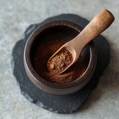 Cinnamon in a bowl with a scoop and spoon on grey stone.