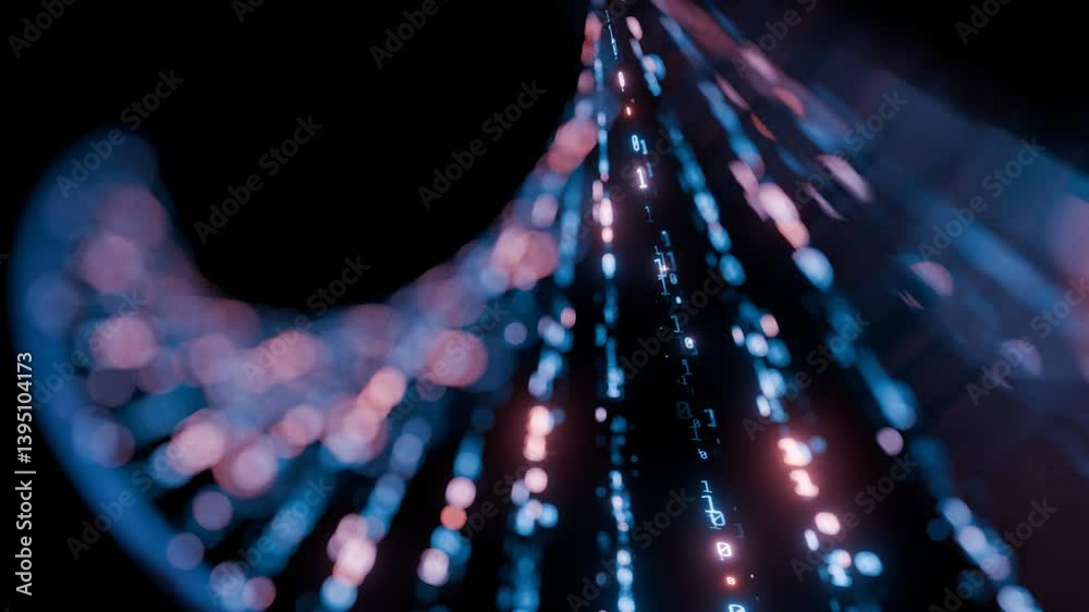 Poster seamless loop. futuristic digital dna strand with glowing binary code in blue and pink hues represen