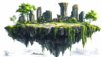 A stunning floating landscape featuring ancient ruins and lush greenery, perfect for fantasy and adventure themes. transparent background. floating relics. illustration. Ruined Relics. Illustration