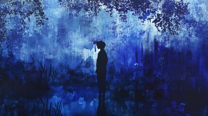 Obraz premium Silhouette of a person standing in a blue toned forest