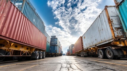 Obraz premium Rows of shipping containers on trucks under a partly cloudy sky.