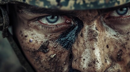 Close-up of a soldier's face with camouflage helmet and war