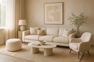 AI-generated digital illustration of a minimalist living room with neutral furniture, abstract wall art, soft daylight, and elegant styling. Cozy and clean composition in modern interior design.

