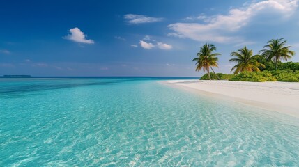 Naklejka premium A tranquil beach scene with emerald waters and coconut palms offers a serene escape into nature's tropical beauty.