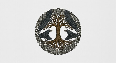Norse Emblem with Huginn and Muninn Ravens Encircling Yggdrasil