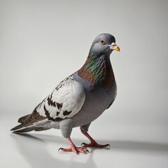 Fototapeta premium A pigeon with a shiny golden beak, standing on a white background.