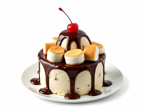Indulge in Decadence, A Tempting Close-Up of Creamy Ice Cream Cake Adorned with Marshmallows, Rich Chocolate Glaze, and a Vibrant Cherry Topping - Powered by Adobe
