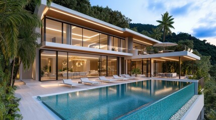 Fototapeta premium Grand luxury villa with an infinity pool overlooking a tropical beach, modern architectural masterpiece