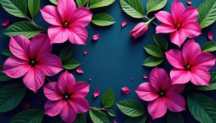 Vibrant fuchsia flowers, intricate leafy design, blossom, modern, purple