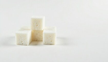 White sugar cubes arranged on white background, compact, sweetness