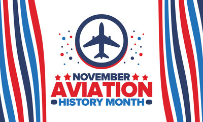 Obraz premium Aviation History Month in United States. Holiday in November. Design with airplane and american flag. Poster, card, banner and background. Vector illustration