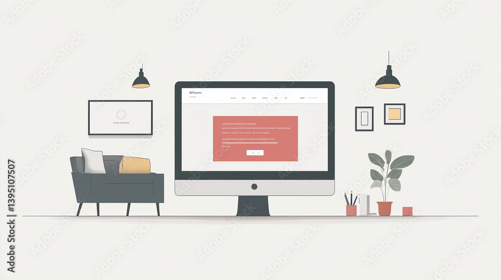Poster website design mockup on computer screen with modern interior design and minimal home office setup v