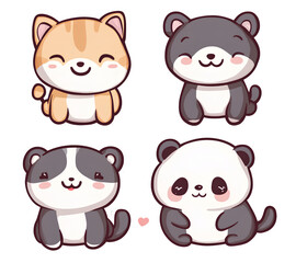 Fototapeta premium Cute Dog, Cat, and Panda Sticker Vector Illustration on a transparent background,