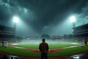 Intense Rainfall Over a Baseball Stadium Showcasing Dedicated Player and Determined Fans, Lights Brightly Illuminate the Field During Unforgettable Moment for Everyone