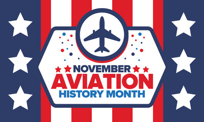 Obraz premium Aviation History Month in United States. Holiday in November. Design with airplane and american flag. Poster, card, banner and background. Vector illustration