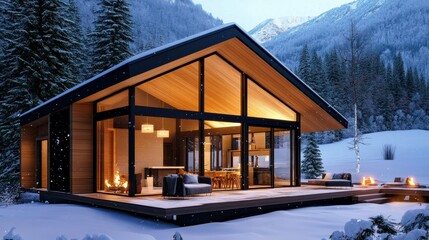 Warm and cozy tiny home in the mountains, snow falling outside the large glass windows