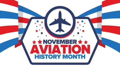 Obraz premium Aviation History Month in United States. Holiday in November. Design with airplane and american flag. Poster, card, banner and background. Vector illustration