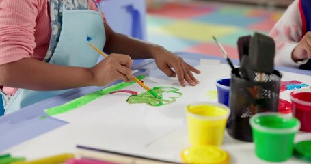 Hands, student and painting art in classroom with creative lesson, drawing picture and kindergarten learning. Kids, artist and sketch with fun activity, artwork project and motor growth for education