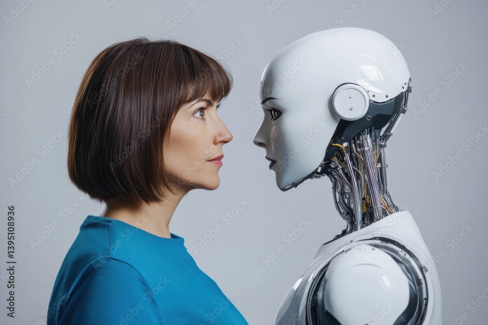 Poster a photograph of an ai robot and a human woman looking at each other. the setting is minimalistic, wi