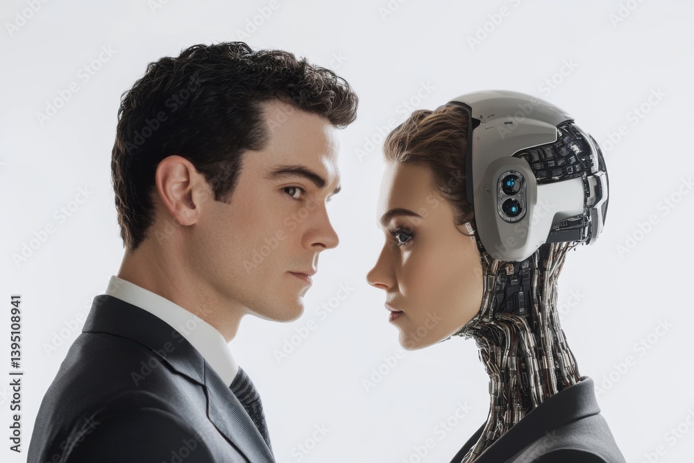 Poster a man and a woman robot with artificial intelligence in business suits look at each other. the backg