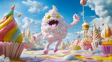 A monster shaped like a cupcake frosting dancing in a candyland 