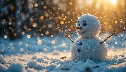 Obraz premium Smiling Snowman with Carrot Nose Standing in Snowy Winter Landscape