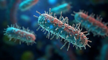 Fototapeta premium Pathogenic bacteria image of superbugs resistant antibiotics visualized in a futuristic AI generated scientific rendering showing detailed bacterial cell wall structure