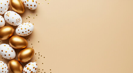 Minimal Beige Easter Background with Elegant Gold and White Decorated Eggs