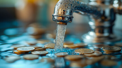 Coins under running tap water, symbolizing financial liquidity or cash flow concept