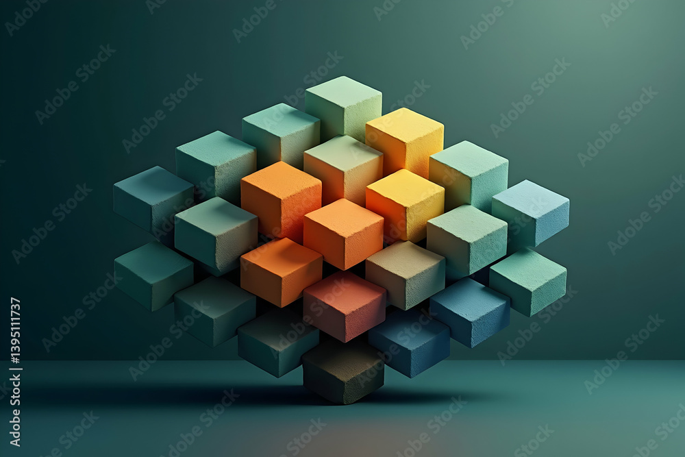 Poster intricate stacking of multi colored cubes creating an abstract 3d structure with smooth lighting and