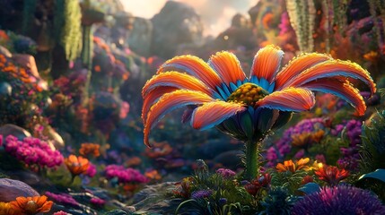 A monster shaped like a flower blooming in a vibrant garden 