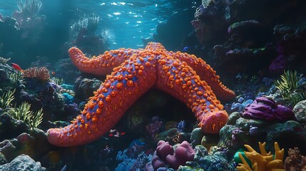A monster shaped like a starfish relaxing on a coral reef 