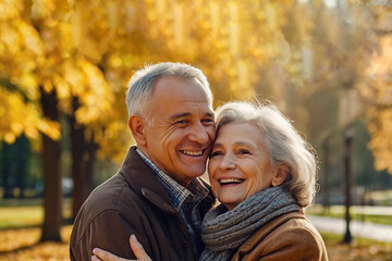 Portrait of a beautiful happy elderly couple in a city autumn park