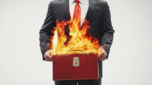 Burning briefcase held by businessman.