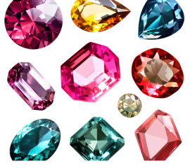 Set of different gemstones, including pink topaz and teal sapphire, on a transparent background.