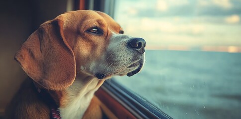 A beagle dog sits by a window looking out at the ocean.  Its expression is pensive and calm. Perfect for pet, travel, or animal lover themes.