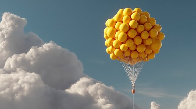 Yellow balloon cluster hot air balloon floats amidst fluffy white clouds under a bright sky.