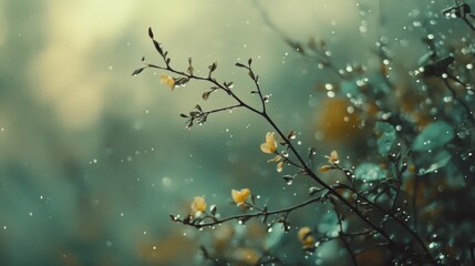 Delicate branches with yellow blossoms glisten with raindrops in a soft, misty background embodying tranquility and renewal.