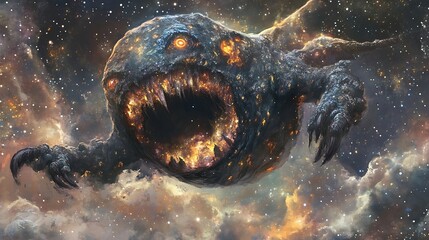 A monster with a galaxy-like texture floating in a cosmic nebula 