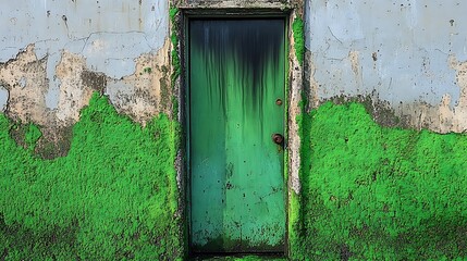 A weathered green door framed by mossy, decaying concrete.