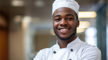 smiling chef in white uniform and hat, showcasing culinary skills and professionalism in modern kitchen environment