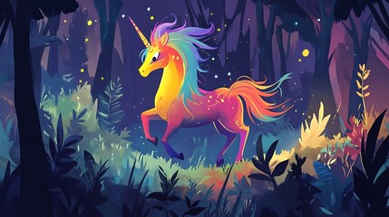 A monster with a rainbow mane prancing in a magical forest 