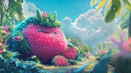 A monster with a watermelon body lounging in a tropical paradise 