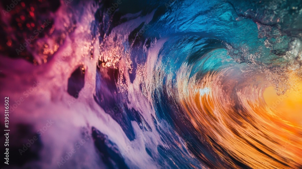 Poster vibrant underwater view of a powerful ocean wave curling, showcasing a spectrum of colors from deep 